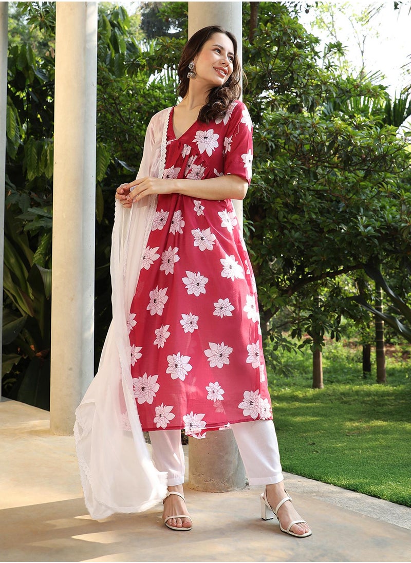 Women's Crimson Red Water Lilies Kurta With Trousers And Dupatta