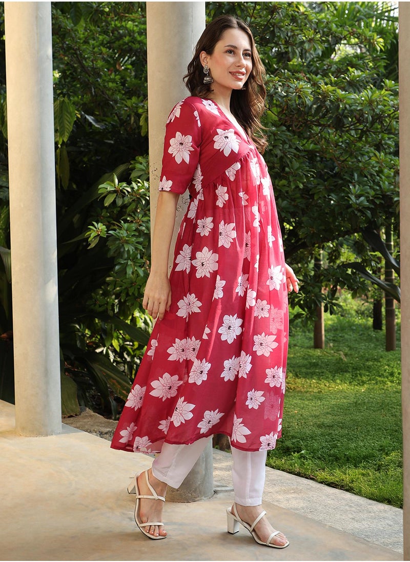 Women's Crimson Red Water Lilies Kurta With Trousers And Dupatta