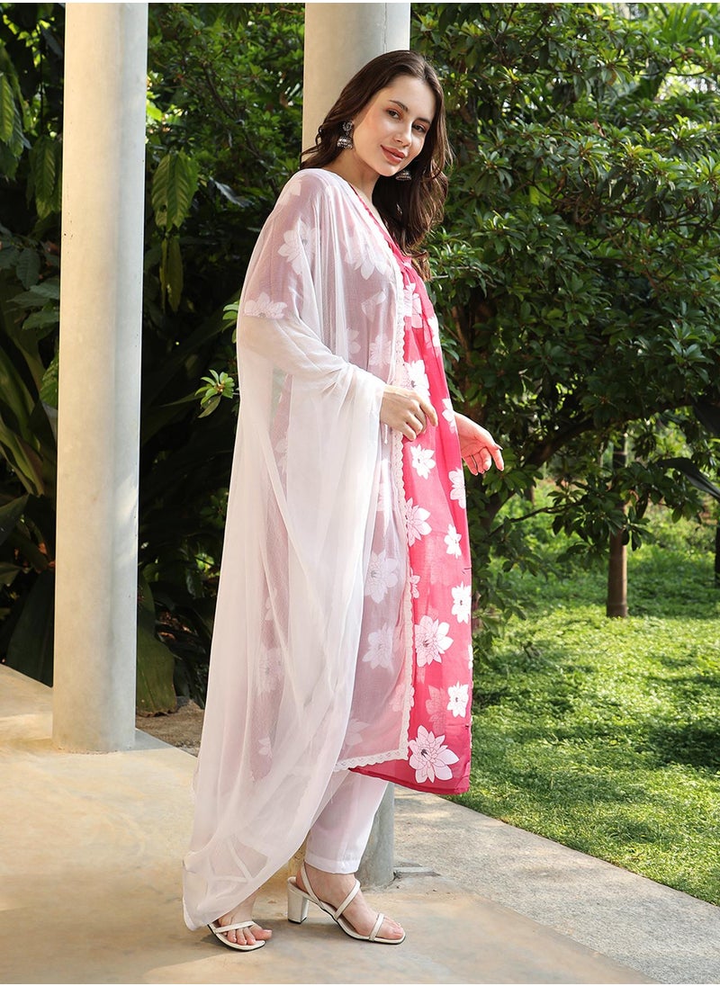 Women's Crimson Red Water Lilies Kurta With Trousers And Dupatta