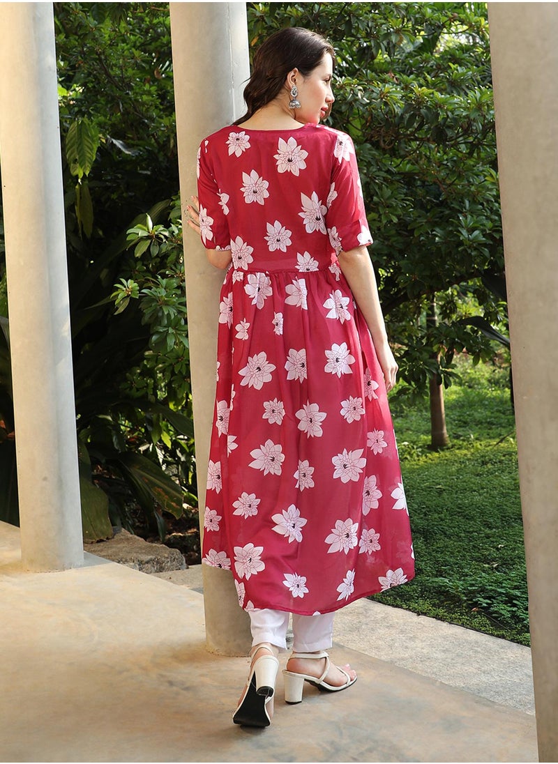 Women's Crimson Red Water Lilies Kurta With Trousers And Dupatta