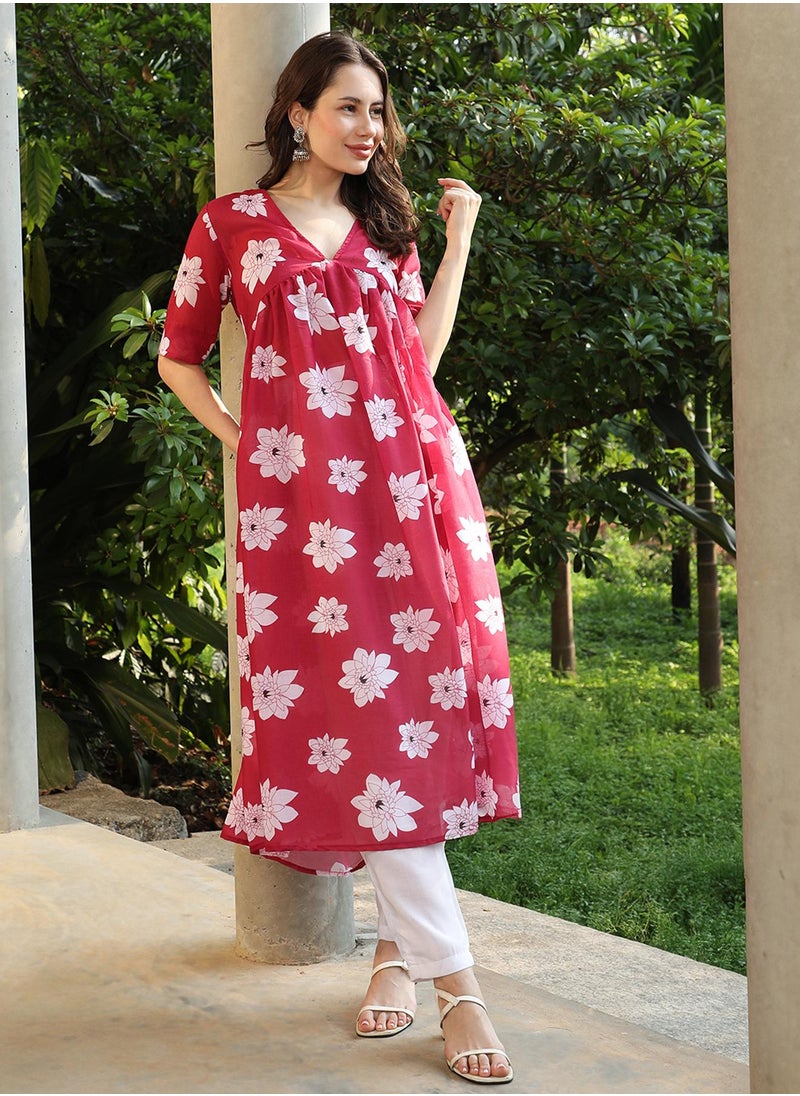 Women's Crimson Red Water Lilies Kurta With Trousers And Dupatta