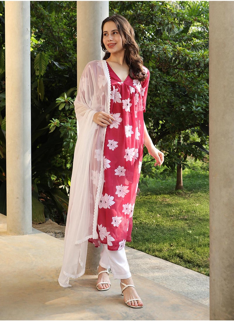 Women's Crimson Red Water Lilies Kurta With Trousers And Dupatta