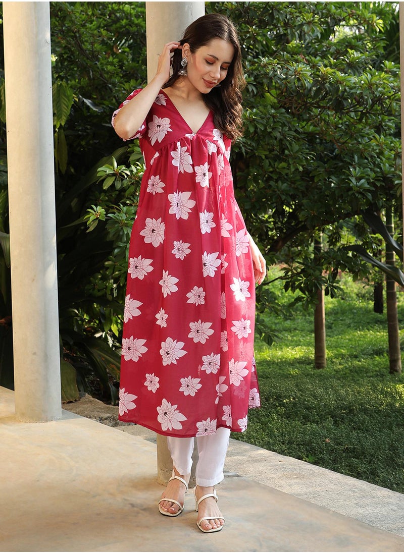 Women's Crimson Red Water Lilies Kurta With Trousers And Dupatta
