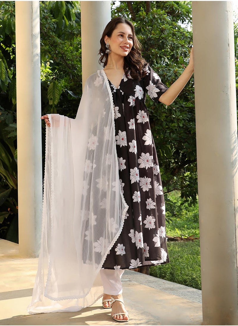 Women's Midnight Black Water Lilies Kurta With Trousers And Dupatta