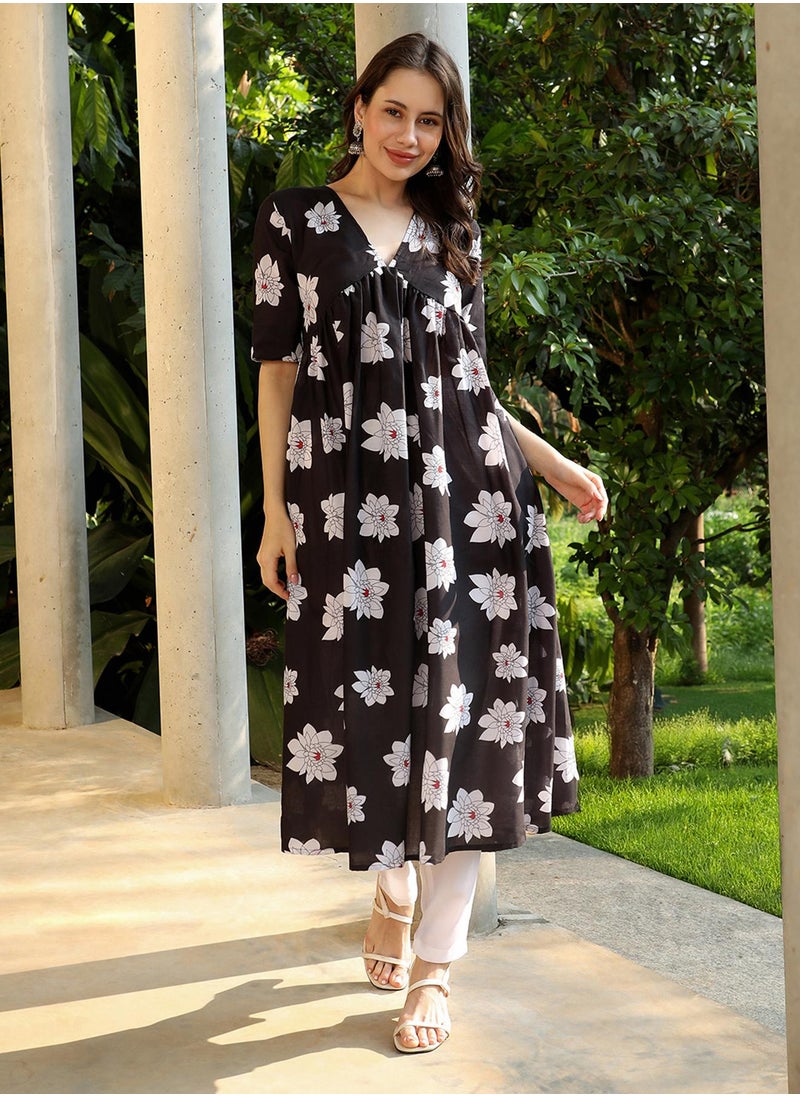 Women's Midnight Black Water Lilies Kurta With Trousers And Dupatta