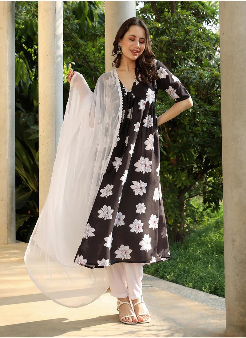 Women's Midnight Black Water Lilies Kurta With Trousers And Dupatta