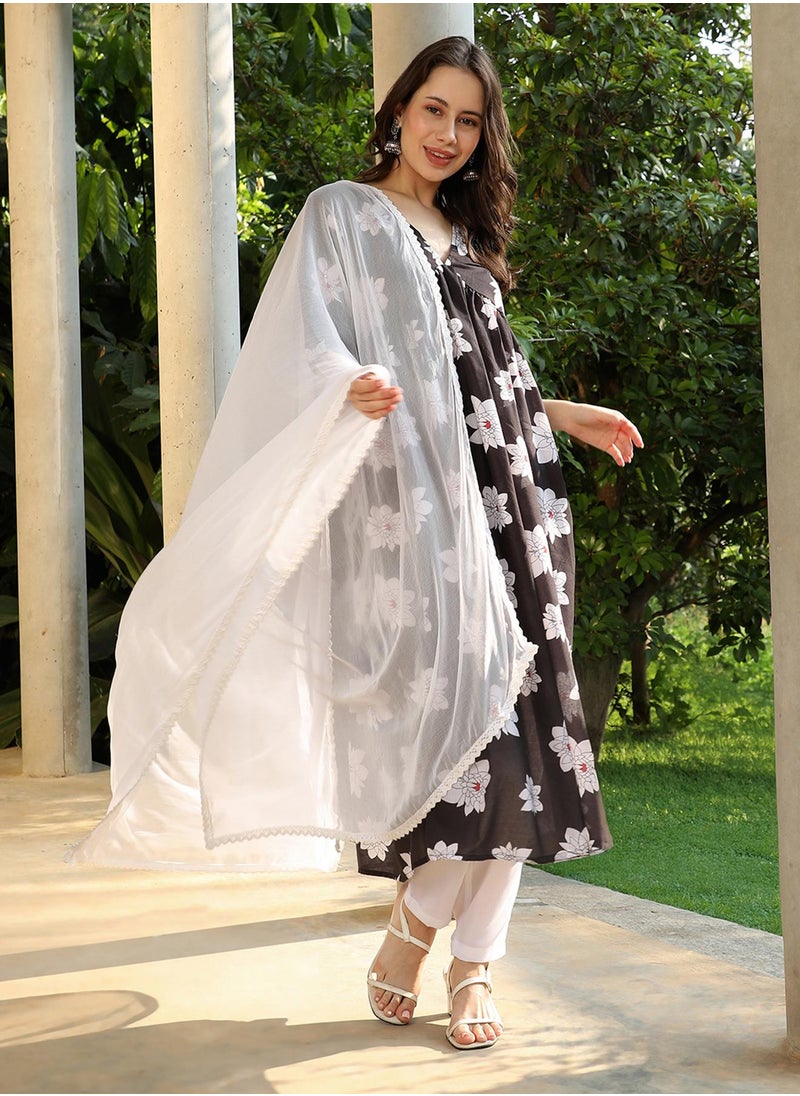Women's Midnight Black Water Lilies Kurta With Trousers And Dupatta