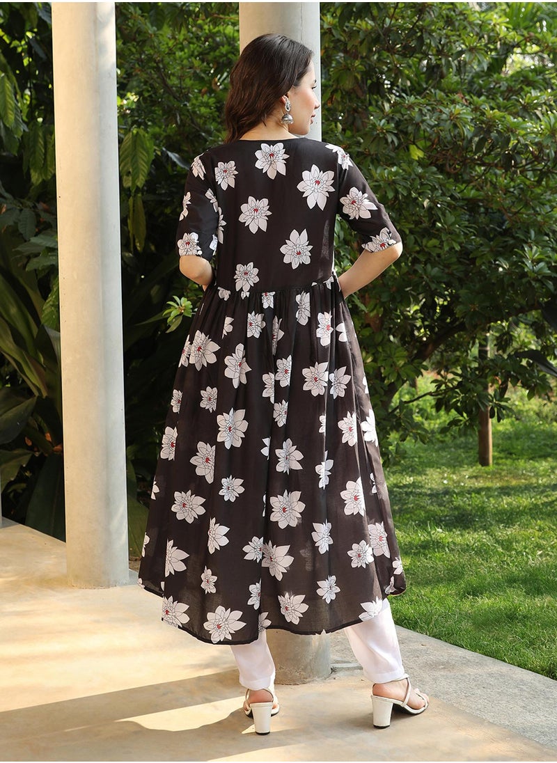 Women's Midnight Black Water Lilies Kurta With Trousers And Dupatta