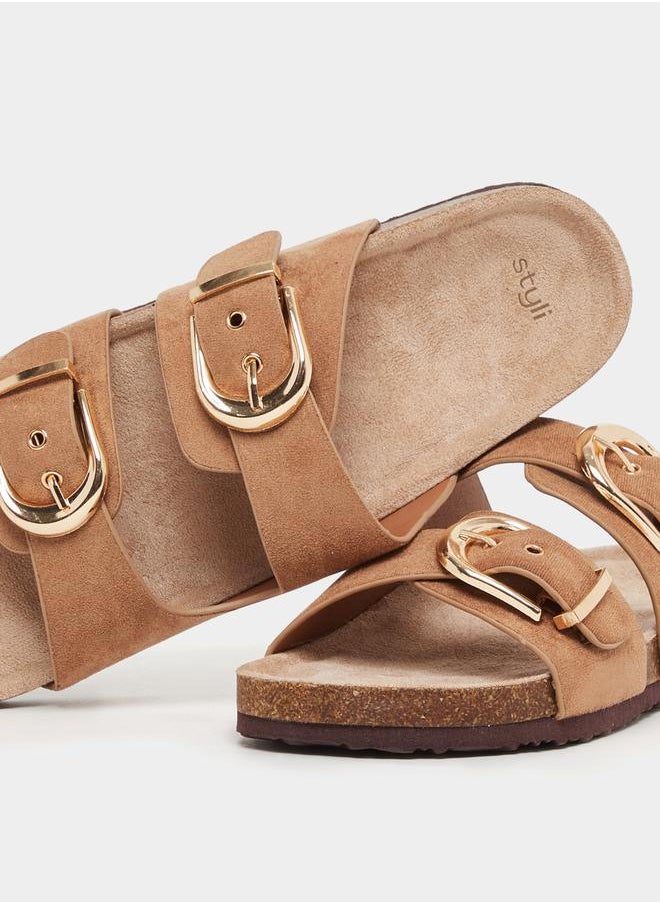 Suede Look Slip-On Flat Sandals with Buckle Detail