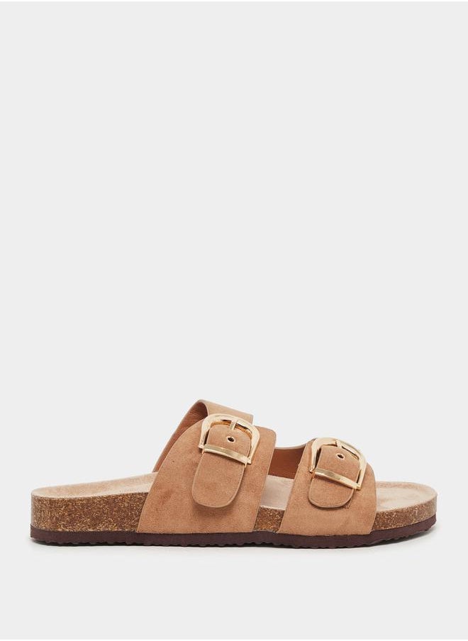 Suede Look Slip-On Flat Sandals with Buckle Detail