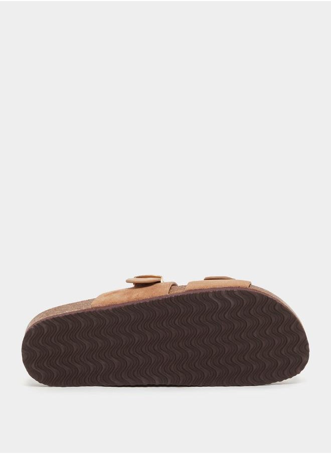 Suede Look Slip-On Flat Sandals with Buckle Detail