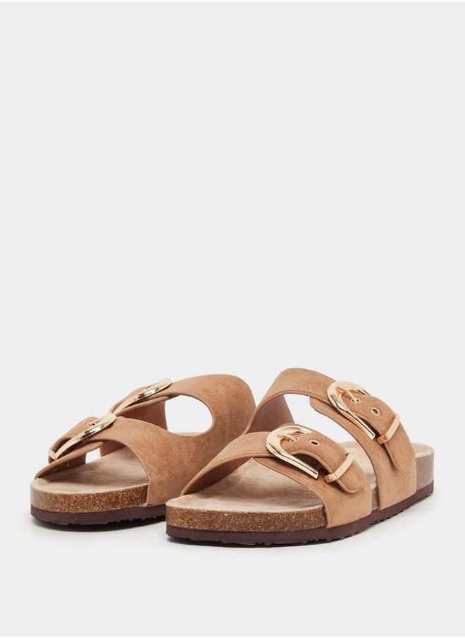 Suede Look Slip-On Flat Sandals with Buckle Detail