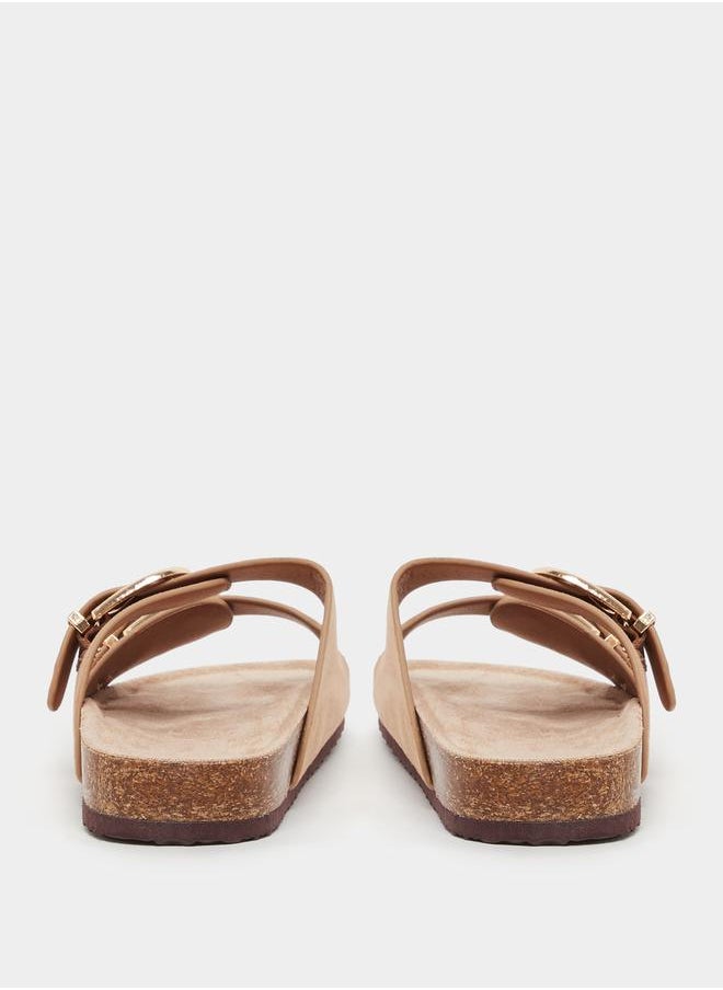 Suede Look Slip-On Flat Sandals with Buckle Detail