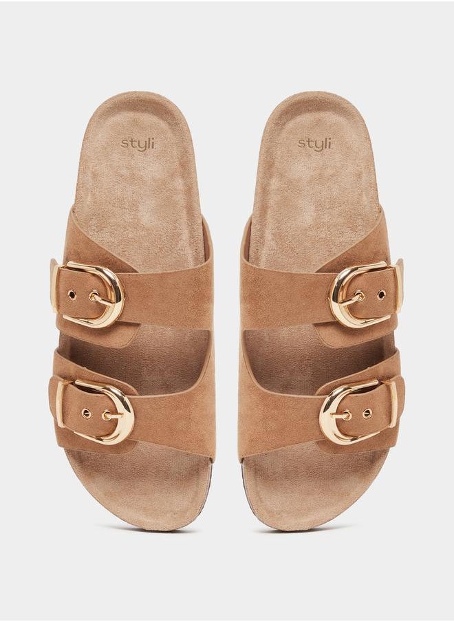 Suede Look Slip-On Flat Sandals with Buckle Detail