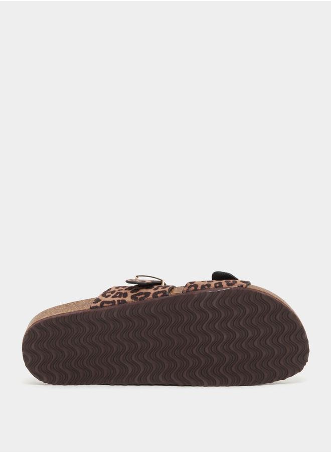 Leopard Print Buckle Detail Flat Sandals
