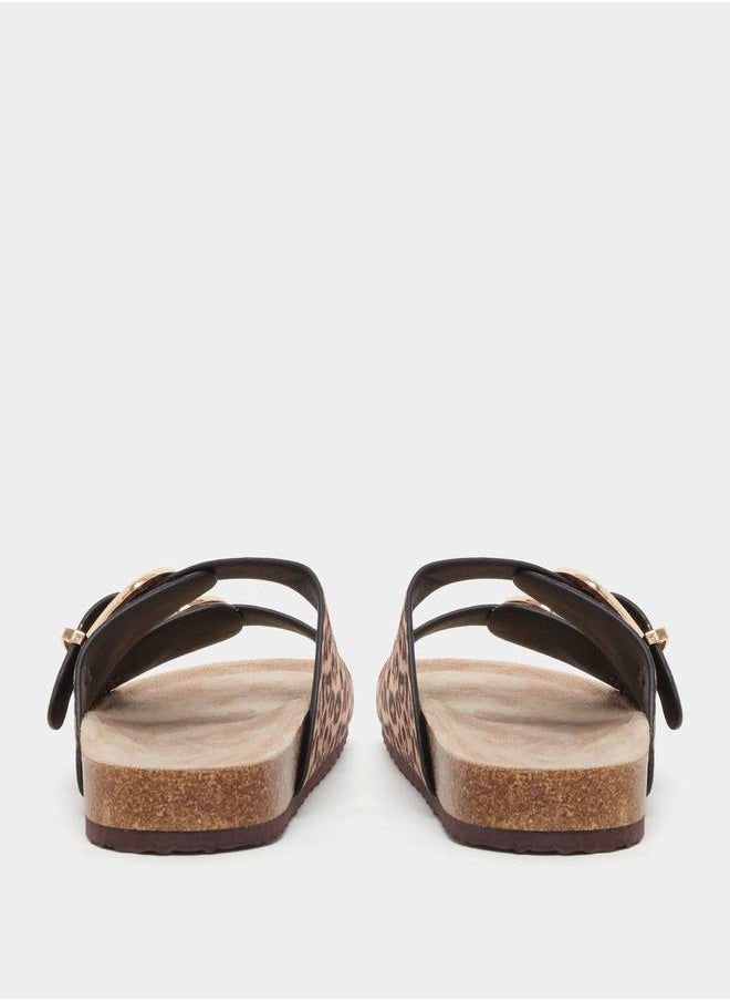 Leopard Print Buckle Detail Flat Sandals