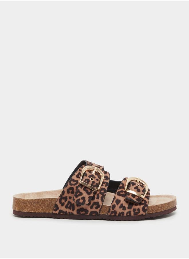Leopard Print Buckle Detail Flat Sandals