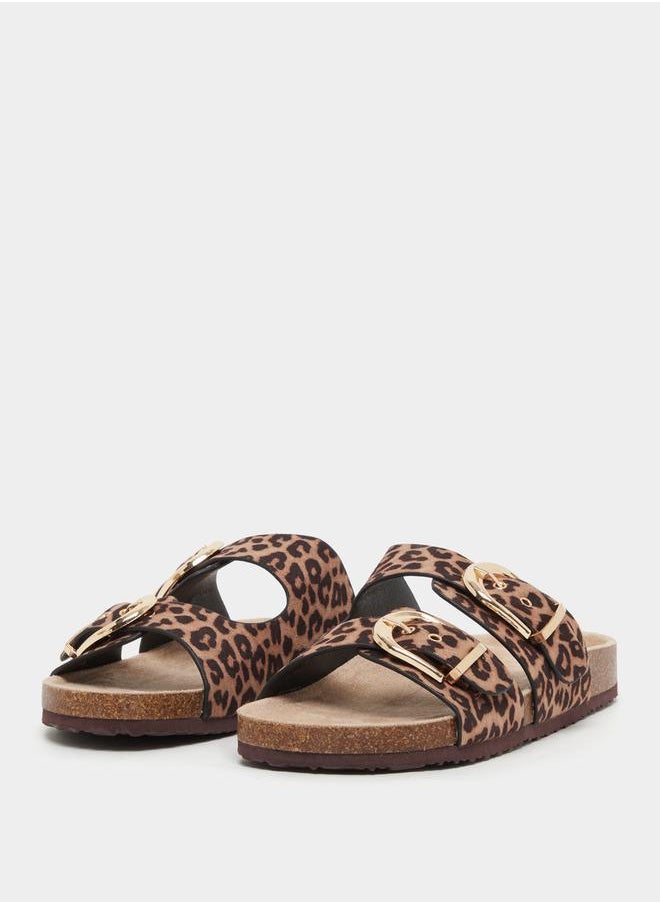Leopard Print Buckle Detail Flat Sandals