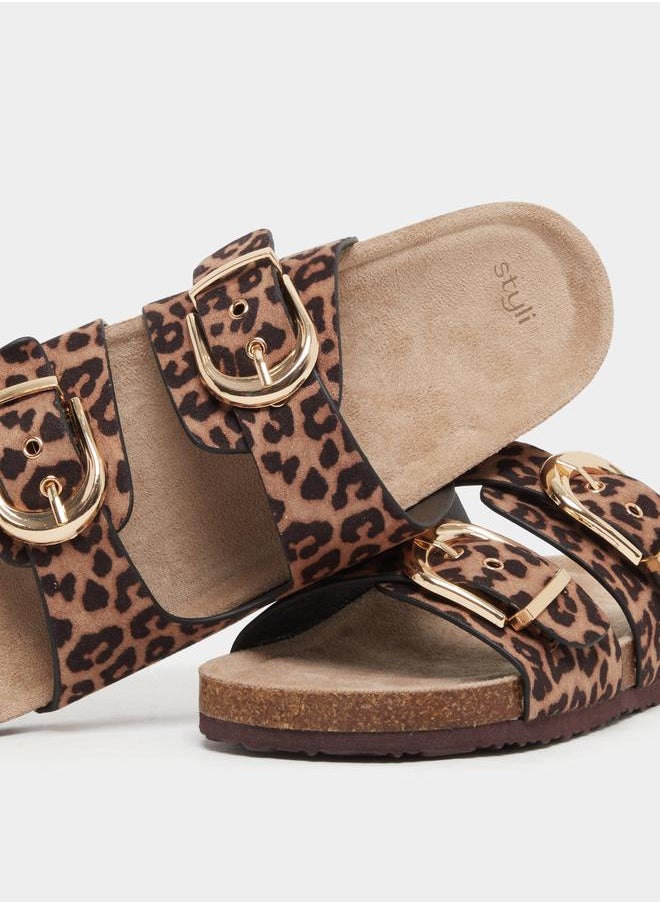Leopard Print Buckle Detail Flat Sandals