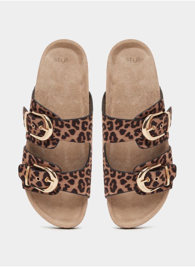 Leopard Print Buckle Detail Flat Sandals