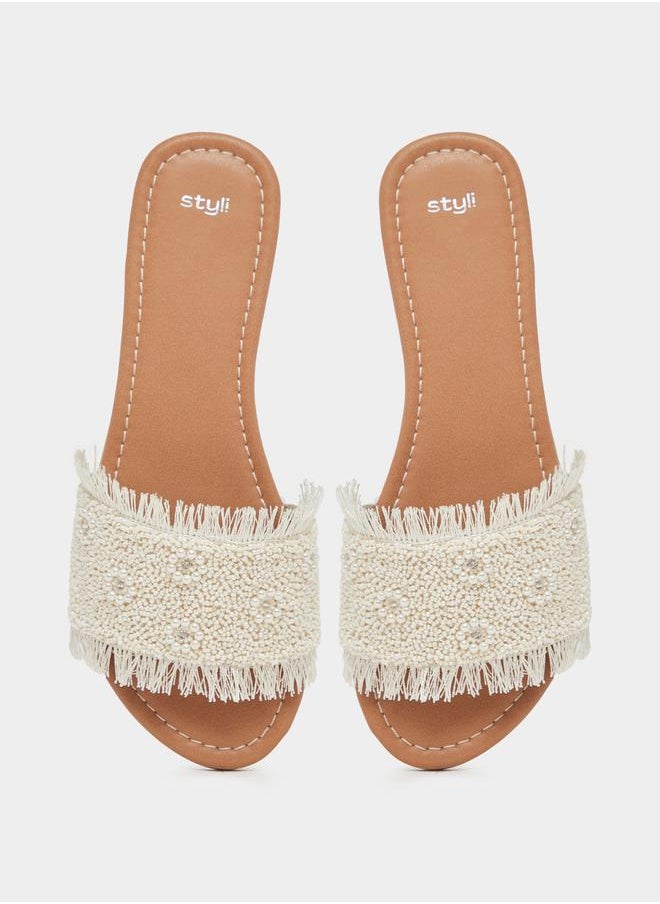 Textured Pearl Embellished Flat Sandals