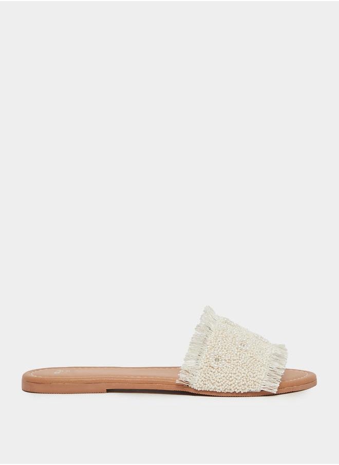 Textured Pearl Embellished Flat Sandals