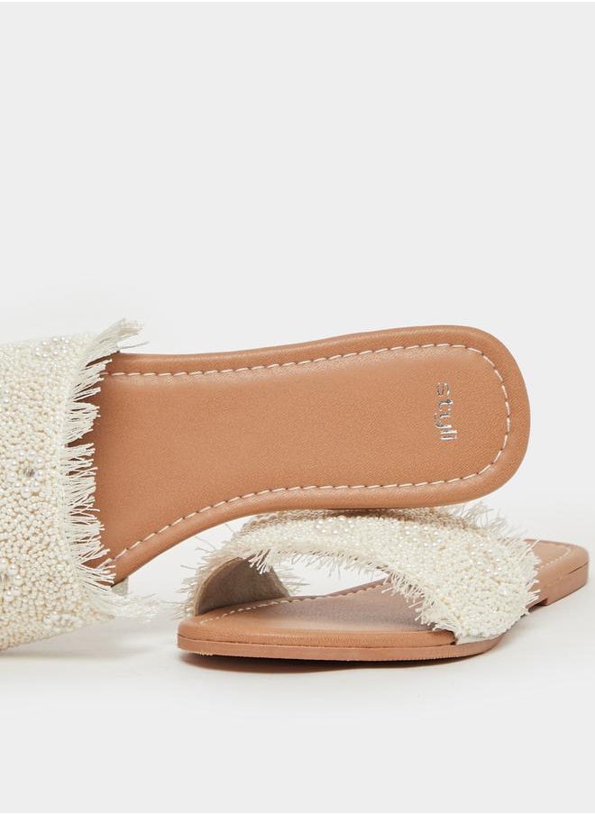 Textured Pearl Embellished Flat Sandals