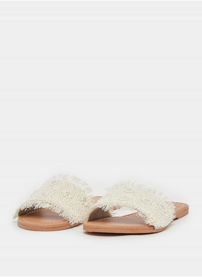 Textured Pearl Embellished Flat Sandals
