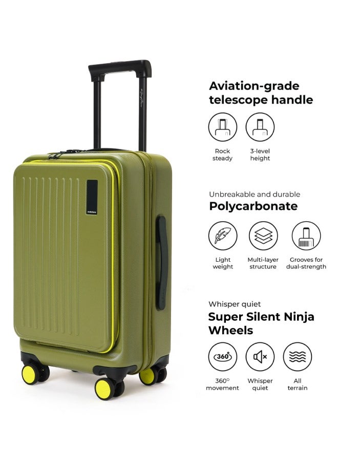 MOKOBARA The Transit Cabin Pro Luggage Small Cabin Size Poly-Carbonate Hard Sided 8 Hinomoto Wheels Suitcase for Travelling (So Matcha Limeray 2.0)