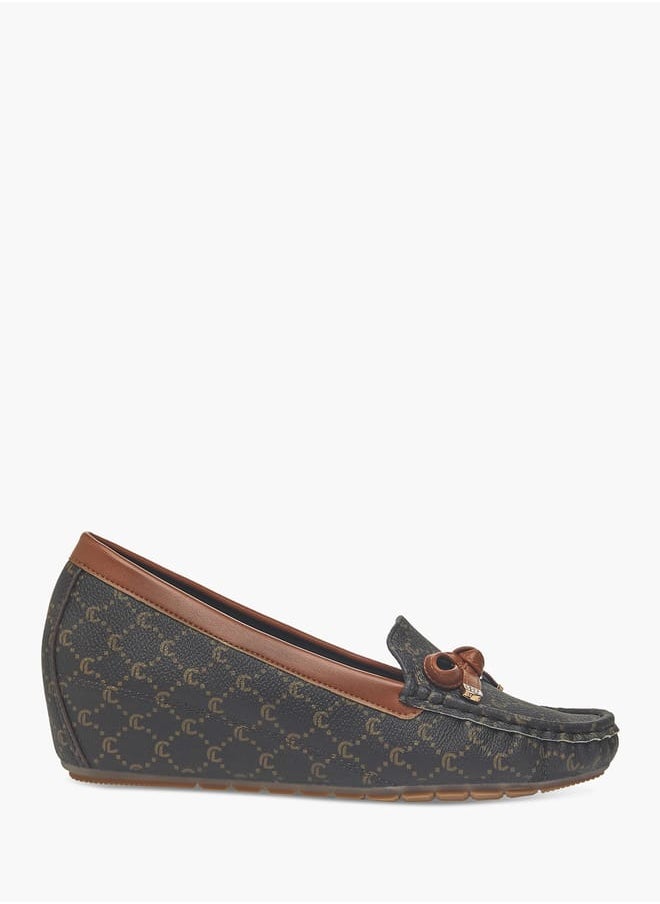 Women Slip-On Loafers with Wedge Heels and Bow Accent