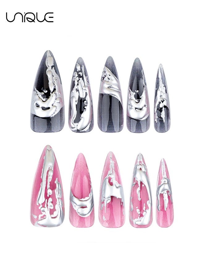 24 Pcs Fake Nails - Press Nails - Extra-long Pointed Manicure - Black & Red Silver Nail Art - 3D Silver Nail Art - Fake Nail Patch