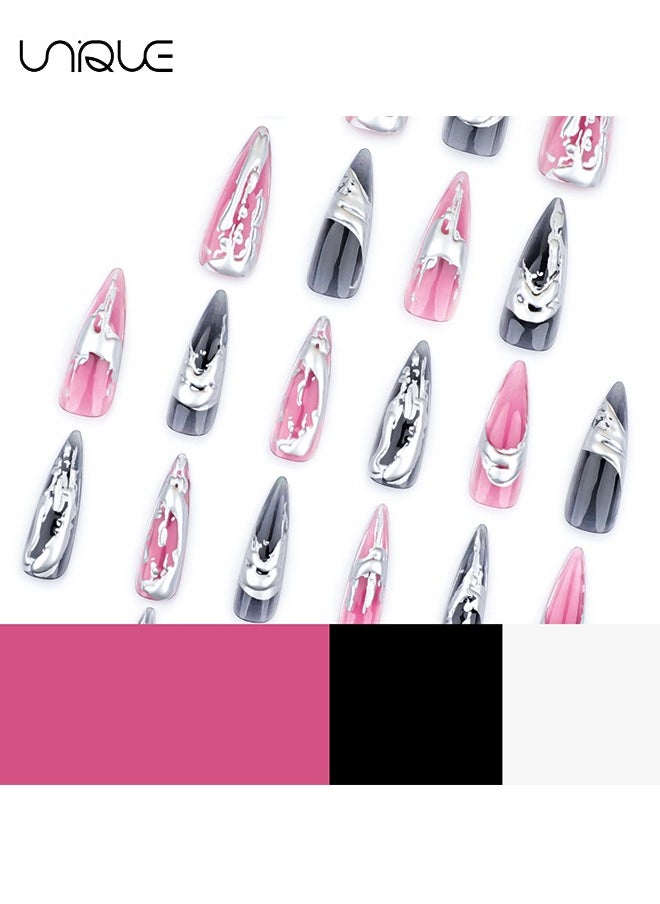 24 Pcs Fake Nails - Press Nails - Extra-long Pointed Manicure - Black & Red Silver Nail Art - 3D Silver Nail Art - Fake Nail Patch