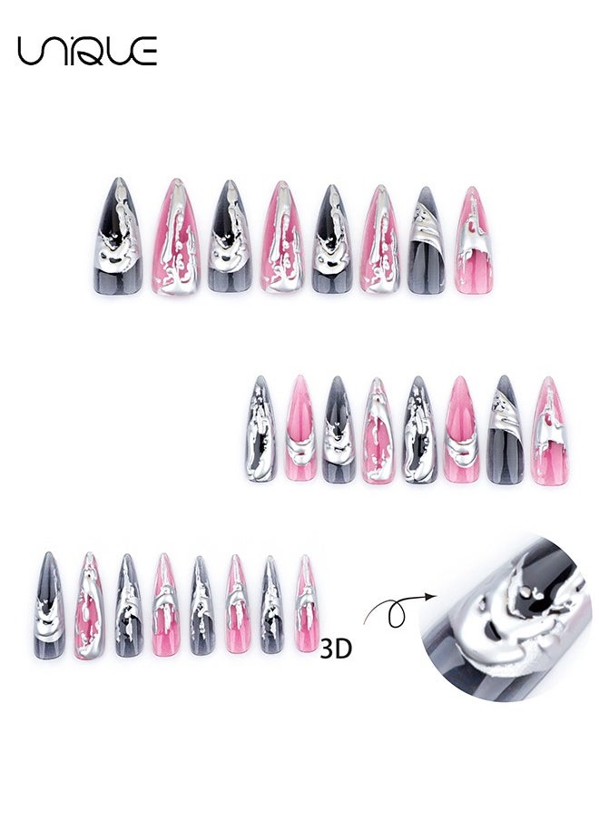 24 Pcs Fake Nails - Press Nails - Extra-long Pointed Manicure - Black & Red Silver Nail Art - 3D Silver Nail Art - Fake Nail Patch