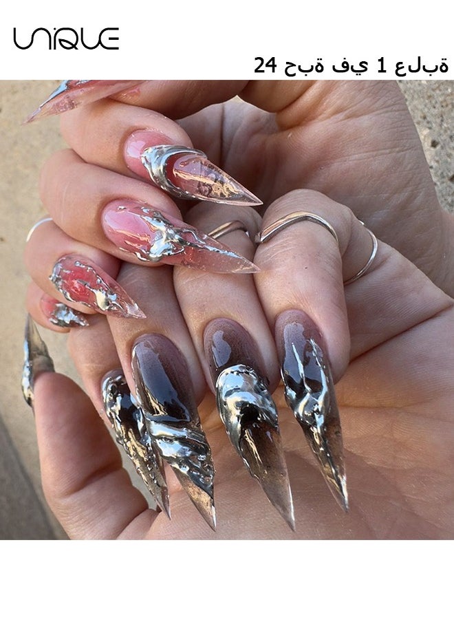 24 Pcs Fake Nails - Press Nails - Extra-long Pointed Manicure - Black & Red Silver Nail Art - 3D Silver Nail Art - Fake Nail Patch