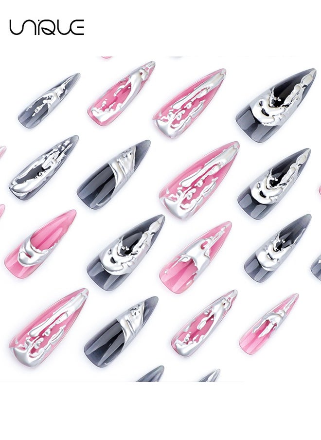 24 Pcs Fake Nails - Press Nails - Extra-long Pointed Manicure - Black & Red Silver Nail Art - 3D Silver Nail Art - Fake Nail Patch