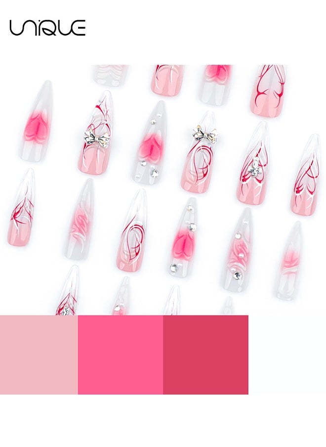 24 Pcs Fake Nails - Press Nails - Extra-long Pointed Manicure - Rhinestone Heart-Shaped Gradient Red Manicure - 3D Butterfly Knot Manicure - Fake Nail Patch