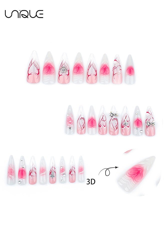 24 Pcs Fake Nails - Press Nails - Extra-long Pointed Manicure - Rhinestone Heart-Shaped Gradient Red Manicure - 3D Butterfly Knot Manicure - Fake Nail Patch