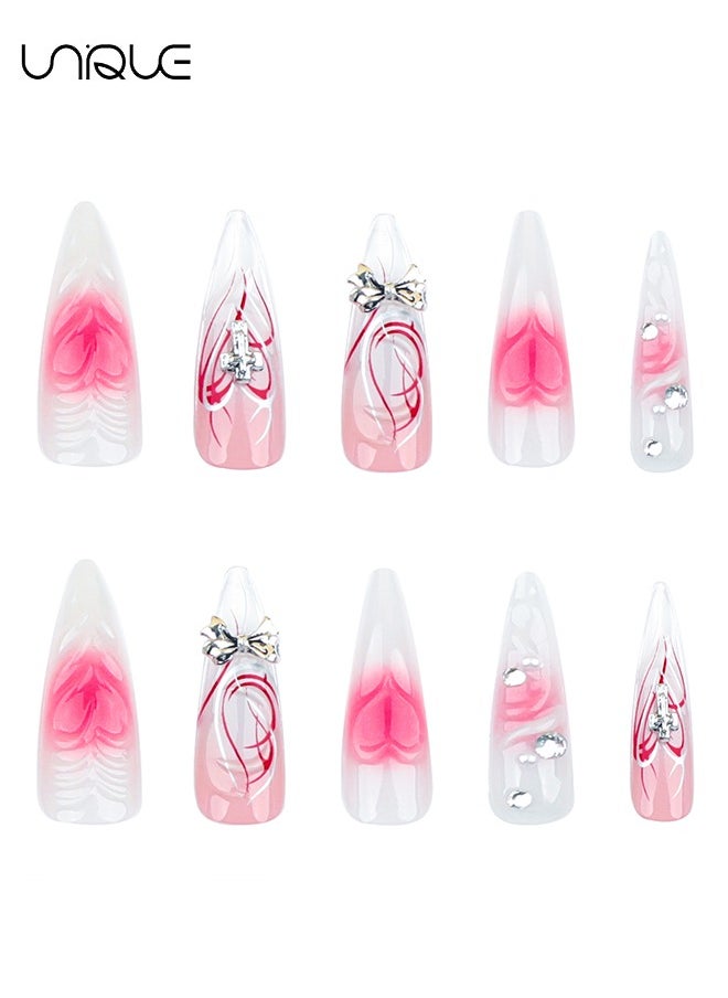24 Pcs Fake Nails - Press Nails - Extra-long Pointed Manicure - Rhinestone Heart-Shaped Gradient Red Manicure - 3D Butterfly Knot Manicure - Fake Nail Patch