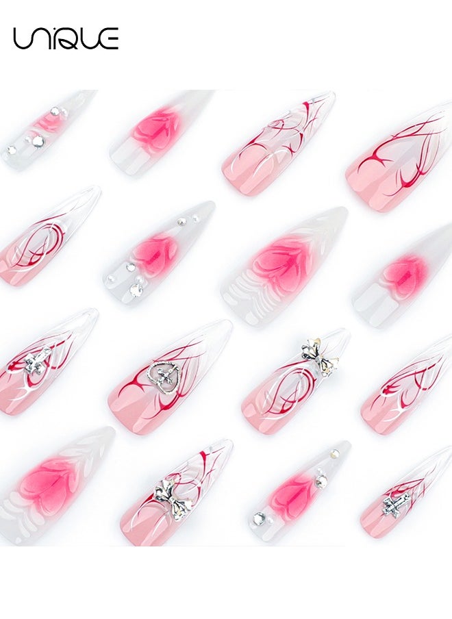 24 Pcs Fake Nails - Press Nails - Extra-long Pointed Manicure - Rhinestone Heart-Shaped Gradient Red Manicure - 3D Butterfly Knot Manicure - Fake Nail Patch