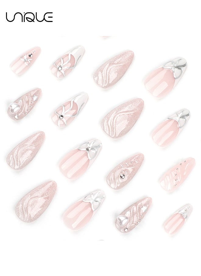 24 Pcs Fake Nails - Press Nails - Long Almond Manicure - Star Butterfly Knot Manicure - 3D Heart Glitter Manicure - Fake Nail Patch