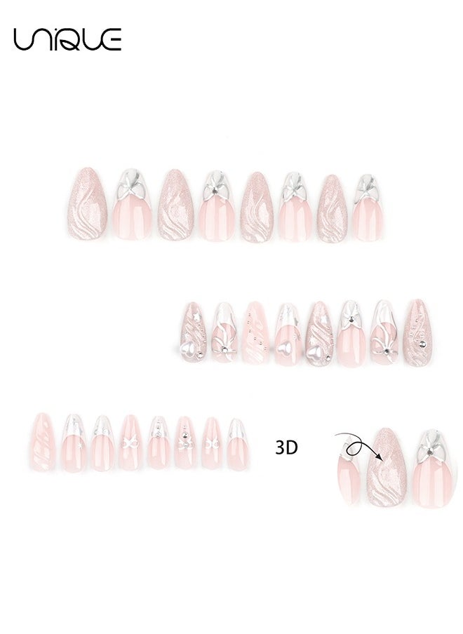 24 Pcs Fake Nails - Press Nails - Long Almond Manicure - Star Butterfly Knot Manicure - 3D Heart Glitter Manicure - Fake Nail Patch