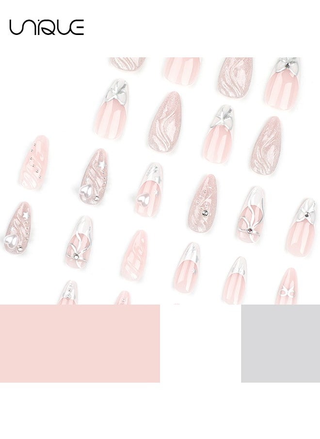 24 Pcs Fake Nails - Press Nails - Long Almond Manicure - Star Butterfly Knot Manicure - 3D Heart Glitter Manicure - Fake Nail Patch