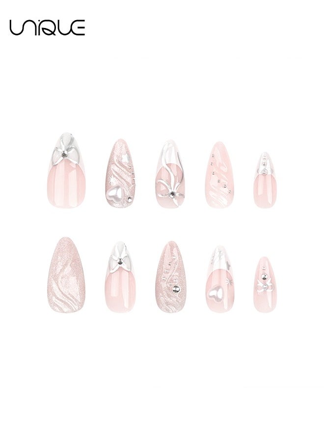 24 Pcs Fake Nails - Press Nails - Long Almond Manicure - Star Butterfly Knot Manicure - 3D Heart Glitter Manicure - Fake Nail Patch