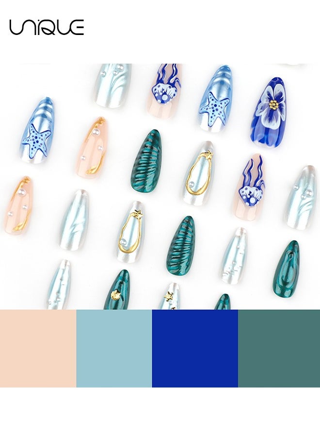 24 Pcs Fake Nails - Press Nails - Long Almond Manicure - Starfish Jellyfish Manicure - 3D Marine Series Nail Art - Fake Nail Patch