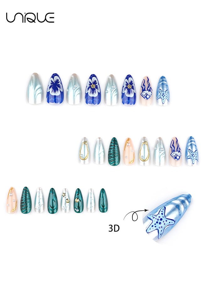 24 Pcs Fake Nails - Press Nails - Long Almond Manicure - Starfish Jellyfish Manicure - 3D Marine Series Nail Art - Fake Nail Patch
