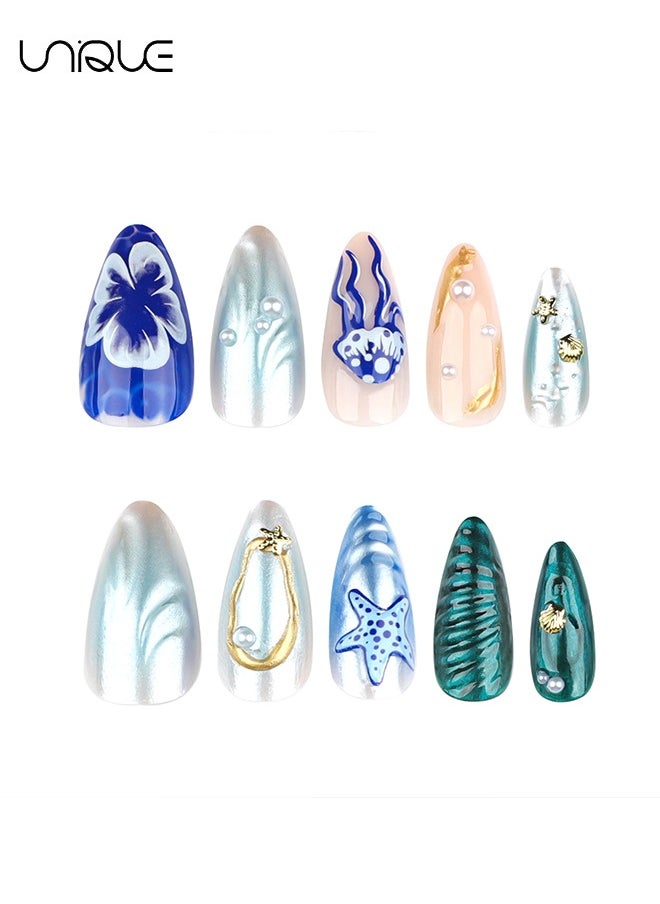 24 Pcs Fake Nails - Press Nails - Long Almond Manicure - Starfish Jellyfish Manicure - 3D Marine Series Nail Art - Fake Nail Patch
