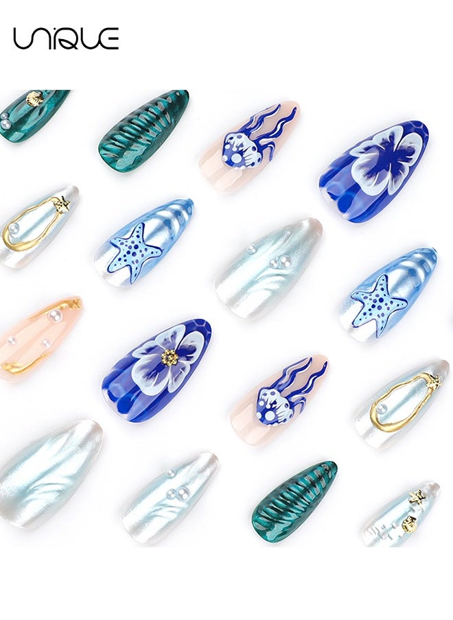 24 Pcs Fake Nails - Press Nails - Long Almond Manicure - Starfish Jellyfish Manicure - 3D Marine Series Nail Art - Fake Nail Patch