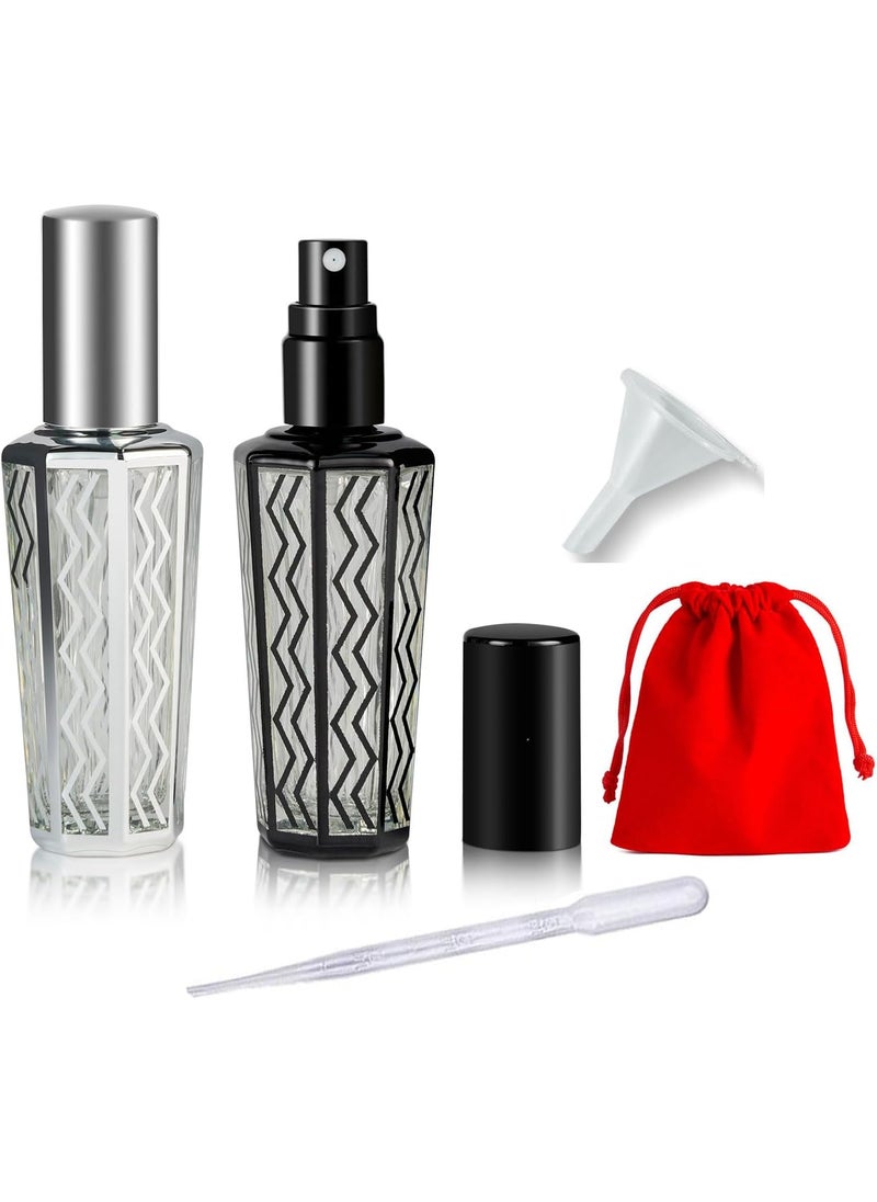 Jinxihuachen 2pcs 15ml Refillable Glass Perfume Atomizer Spray Bottles - Includes Black & Silver Bottles with Funnels, Pipettes, and Dispenser for Easy Refilling