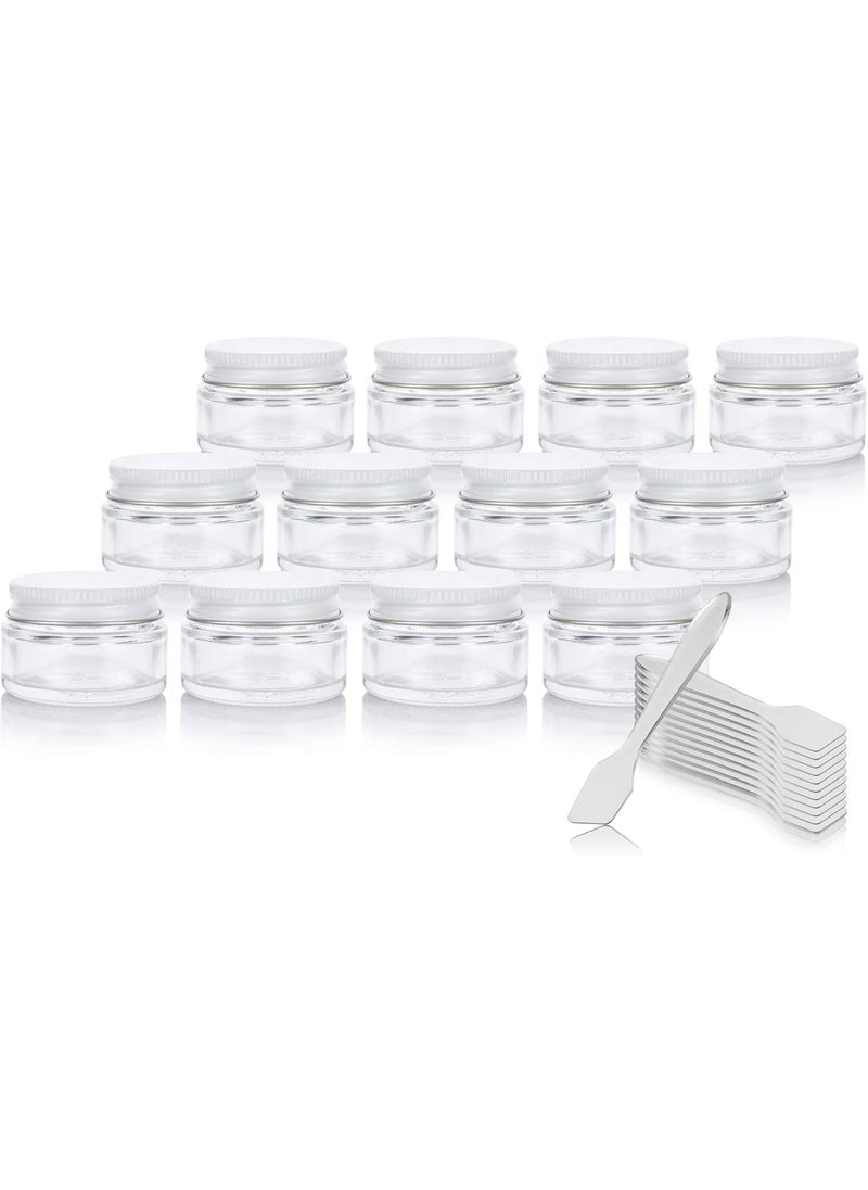 Clear Glass 0.50 oz / 15 ml Low Profile Thick Wall Balm Jars with White Metal Lids (12 PACK) + Spatulas