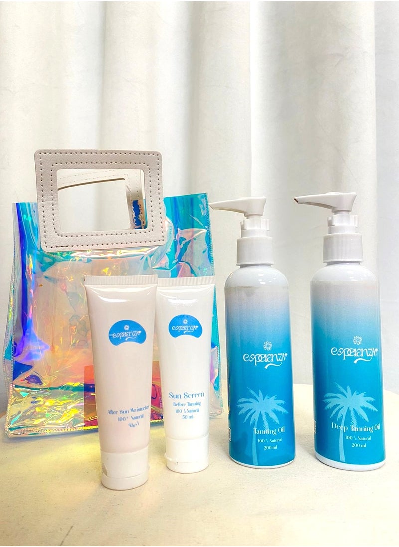 tanning oil kit include / coffee extract deep tanning oil 200 ml,  carrot extract tanning oil 200 ml, before tan lotion 30ml ,after tan lotion 30 ml+ beach Tote bag small